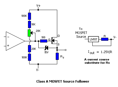 Schematic for class A MOSFET output stage.