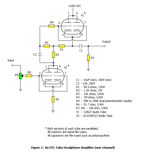 Schematic of one channel of tube headphone amplifier