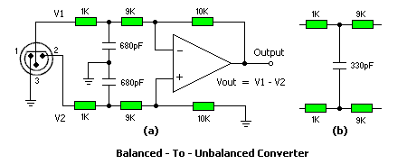 Schematic for balanced-to-single input converter.